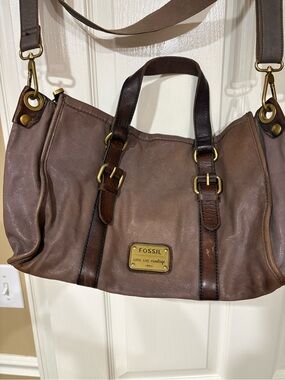Vintage Fossil Maddox Two-Tone Brown Leather Messenger Tote